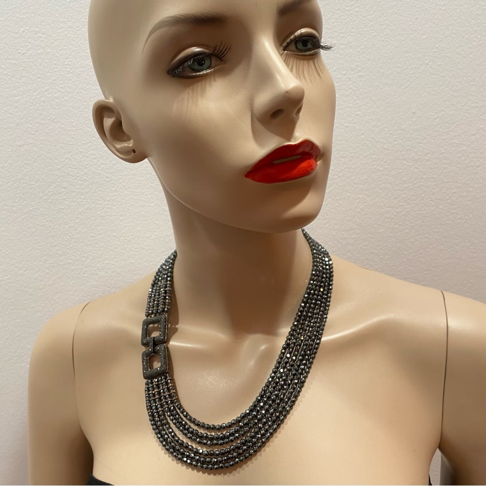 Hematite dark grey 4mm natural stone evening necklace, Handmade By Heftsi